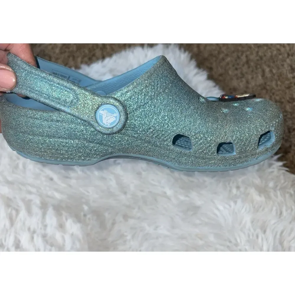 Crocs Girls Sz. 2 Turquoise Glitter Slip Ons. Cute